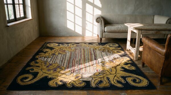 Antique american folk art square hooked rug 7 Antique american folk art square hooked rug (sku 18426) - room view