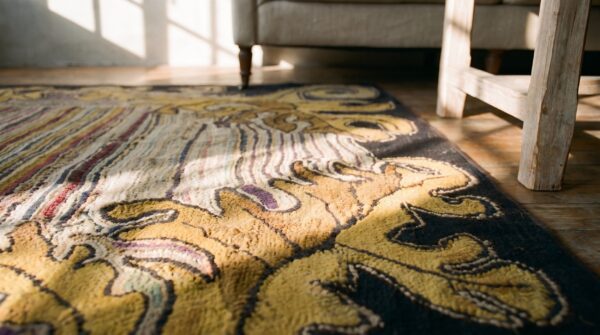 Antique american folk art square hooked rug 8 Antique american folk art square hooked rug (sku 18426) - in-room detail