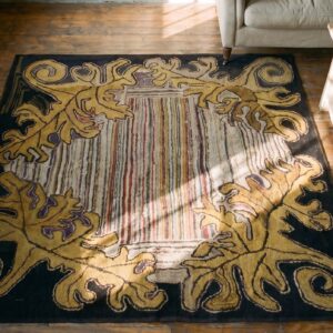 Antique American Folk Art Square Hooked Rug (SKU 18426) - styled overhead view