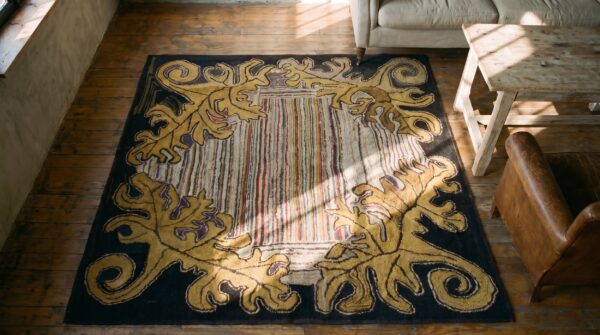 Antique american folk art square hooked rug 2 Antique american folk art square hooked rug (sku 18426) - styled overhead view