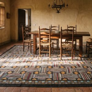 Antique American Folk Art Square Room Size Basket Weave Hooked Rug (SKU 20252) - room view