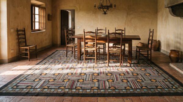 Antique american folk art square room size basket weave hooked rug 10 Antique american folk art square room size basket weave hooked rug (sku 20252) - room view