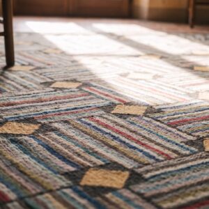 Antique American Folk Art Square Room Size Basket Weave Hooked Rug (SKU 20252) - in-room detail