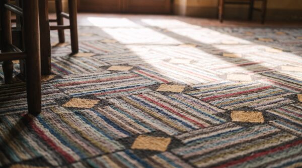 Antique american folk art square room size basket weave hooked rug 11 Antique american folk art square room size basket weave hooked rug (sku 20252) - in-room detail