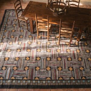 Antique American Folk Art Square Room Size Basket Weave Hooked Rug (SKU 20252) - styled overhead view