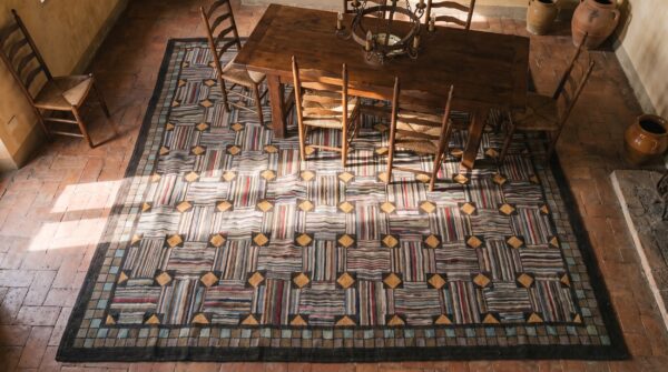 Antique american folk art square room size basket weave hooked rug 2 Antique american folk art square room size basket weave hooked rug (sku 20252) - styled overhead view