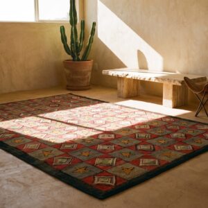 Antique American Geometric Folk Art Star Design Square Hooked Rug (SKU 20443) - room view