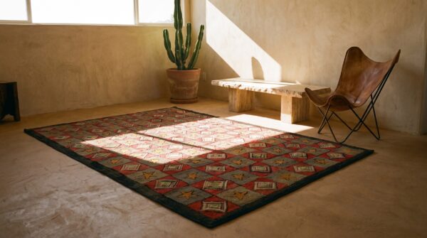 Antique american geometric folk art star design square hooked rug (sku 20443) - room view