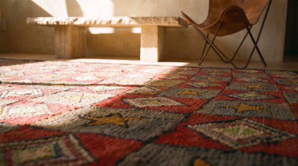 Antique american geometric folk art star design square hooked rug (sku 20443) - in-room detail
