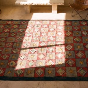 Antique American Geometric Folk Art Star Design Square Hooked Rug (SKU 20443) - styled overhead view