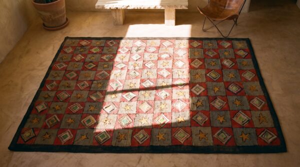 Antique american geometric folk art star design square hooked rug (sku 20443) - styled overhead view