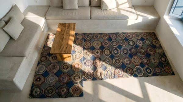 Antique american geometric hooked hallway runner rug - loop pile 2 Antique american geometric hooked hallway runner rug - loop pile (sku 25035) - styled overhead view