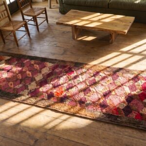Antique American Geometric Layered Cube Pattern Hallway Runner Folk Art Rug (SKU 20535) - styled overhead view