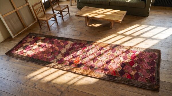 Antique american geometric layered cube pattern hallway runner folk art rug 2 Antique american geometric layered cube pattern hallway runner folk art rug (sku 20535) - styled overhead view