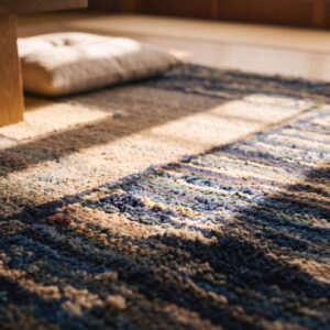 Antique American Geometric Medallion Square Folk Art Hooked Rug (SKU 23659) - in-room detail