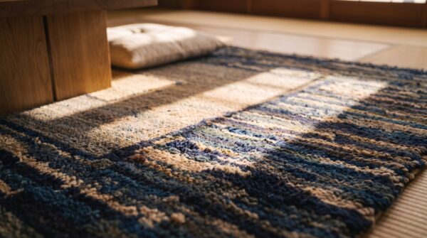Antique american geometric medallion square folk art hooked rug 7 Antique american geometric medallion square folk art hooked rug (sku 23659) - in-room detail