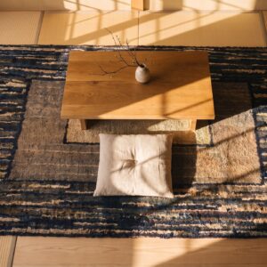 Antique American Geometric Medallion Square Folk Art Hooked Rug (SKU 23659) - styled overhead view