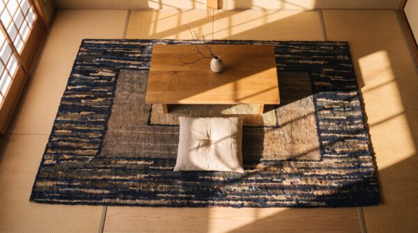 Antique american geometric medallion square folk art hooked rug 2 Antique american geometric medallion square folk art hooked rug (sku 23659) - styled overhead view