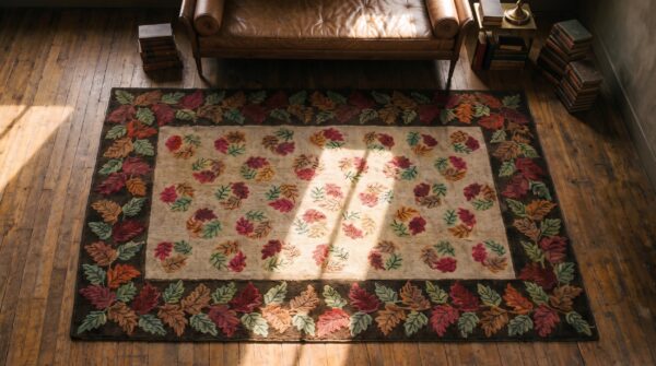 American hooked 1900s antique hallway runner ivory wool rug 2 American hooked 1900s antique hallway runner ivory wool rug (sku 20098) - styled overhead view