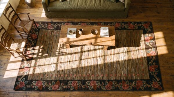 Wool american hooked 1930s hallway runner antique rug 2 Wool american hooked 1930s hallway runner antique rug (sku 20220) - styled overhead view