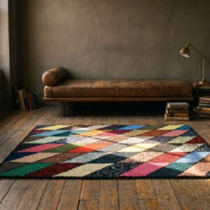 Antique American Hooked 1940s Multicolor Jewel Tones Square Wool Allover Geometric Rug (SKU 17663) - room view