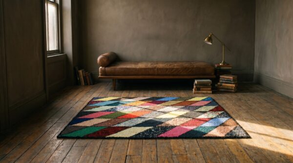 Antique american hooked 1940s multicolor jewel tones square wool allover geometric rug 7 Antique american hooked 1940s multicolor jewel tones square wool allover geometric rug (sku 17663) - room view