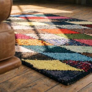 Antique American Hooked 1940s Multicolor Jewel Tones Square Wool Allover Geometric Rug (SKU 17663) - in-room detail