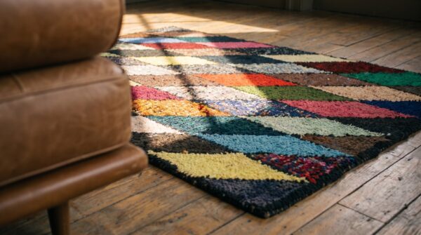 Antique american hooked 1940s multicolor jewel tones square wool allover geometric rug 8 Antique american hooked 1940s multicolor jewel tones square wool allover geometric rug (sku 17663) - in-room detail