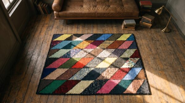 Antique american hooked 1940s multicolor jewel tones square wool allover geometric rug 2 Antique american hooked 1940s multicolor jewel tones square wool allover geometric rug (sku 17663) - styled overhead view
