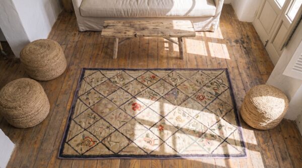 Antique american hooked allover floral rug (sku 17290) - styled overhead view