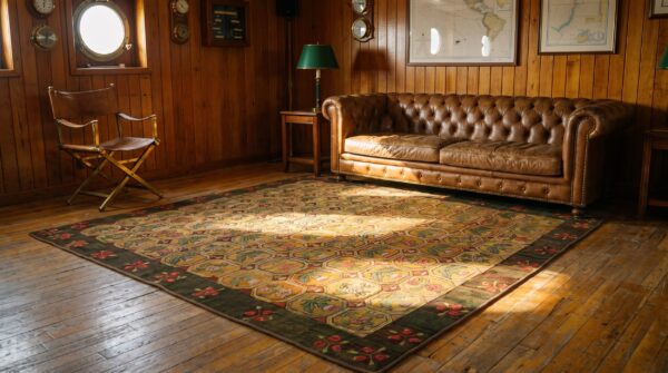 Antique american hooked allover floral wool 1880s square rug (sku 20235) - room view