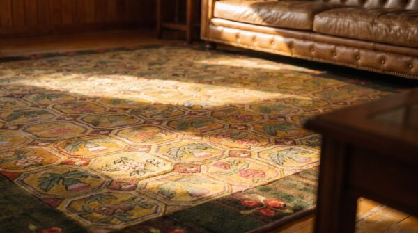Antique american hooked allover floral wool 1880s square rug (sku 20235) - in-room detail