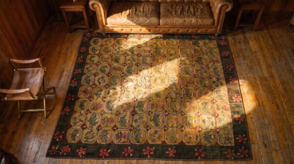 Antique american hooked allover floral wool 1880s square rug (sku 20235) - styled overhead view