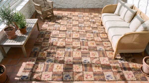 Antique american hooked allover floral wool multicolor jewel tones 1930s rug 2 Antique american hooked allover floral wool multicolor jewel tones 1930s rug (sku 20613) - styled overhead view