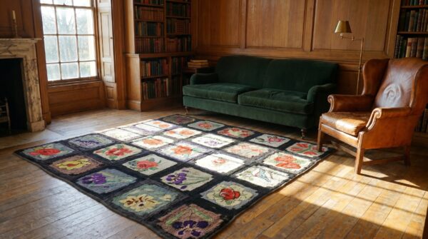 Antique american hooked allover floral square rug (sku 18530) - room view