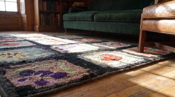 Antique american hooked allover floral square rug (sku 18530) - in-room detail