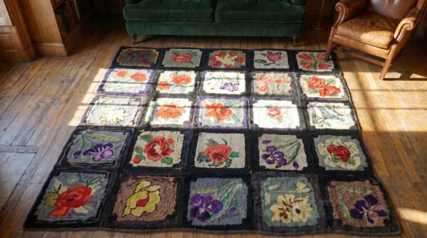 Antique american hooked allover floral square rug (sku 18530) - styled overhead view
