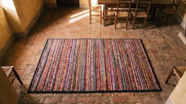 Antique american hooked allover geometric rug 2 Antique american hooked allover geometric rug (sku 17662) - styled overhead view