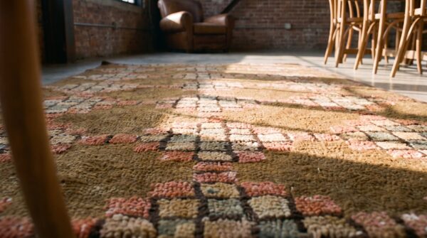Antique american hooked allover geometric wool brown earth tone 1940s rug 8 Antique american hooked allover geometric wool brown earth tone 1940s rug (sku 20512) - in-room detail