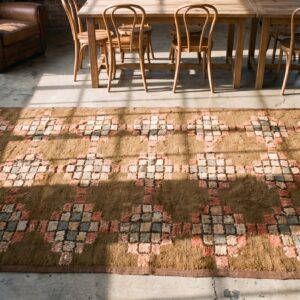 Antique American Hooked Allover Geometric Wool Brown Earth Tone 1940s Rug (SKU 20512) - styled overhead view