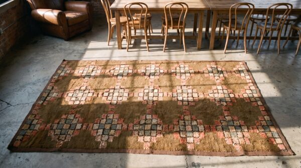 Antique american hooked allover geometric wool brown earth tone 1940s rug 2 Antique american hooked allover geometric wool brown earth tone 1940s rug (sku 20512) - styled overhead view