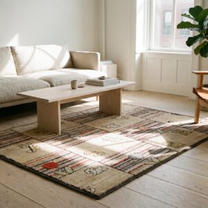 Antique American Hooked Allover Geometric Wool Ivory Beige Cream White 1920s Square Rug (SKU 17263) - room view