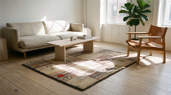 Antique american hooked allover geometric wool ivory beige cream white 1920s square rug 7 Antique american hooked allover geometric wool ivory beige cream white 1920s square rug (sku 17263) - room view