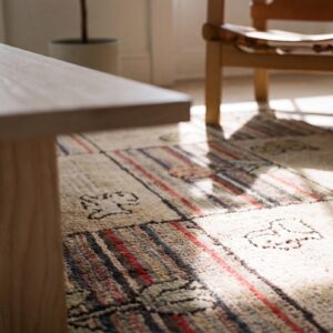 Antique American Hooked Allover Geometric Wool Ivory Beige Cream White 1920s Square Rug (SKU 17263) - in-room detail
