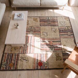 Antique American Hooked Allover Geometric Wool Ivory Beige Cream White 1920s Square Rug (SKU 17263) - styled overhead view