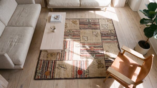 Antique american hooked allover geometric wool ivory beige cream white 1920s square rug 2 Antique american hooked allover geometric wool ivory beige cream white 1920s square rug (sku 17263) - styled overhead view