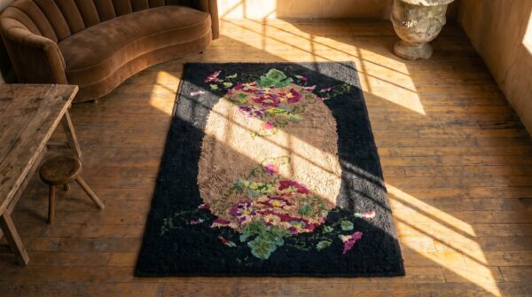Antique american hooked rug america 1940s 2 Antique american hooked rug america 1940s (sku 18699) - styled overhead view