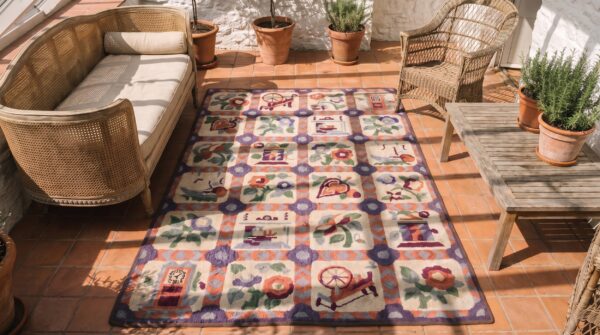 Antique american hooked rug america ivory 1930s 2 Antique american hooked rug america ivory 1930s (sku 20464) - styled overhead view