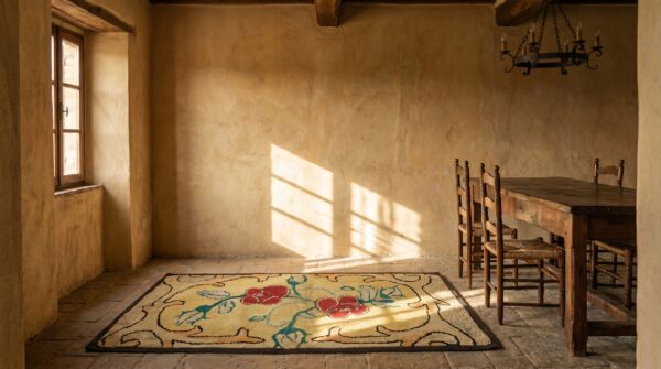Antique american hooked rug america yellow 1920s 6 Antique american hooked rug america yellow 1920s (sku 18431) - room view