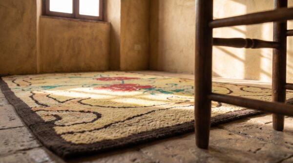 Antique american hooked rug america yellow 1920s 7 Antique american hooked rug america yellow 1920s (sku 18431) - in-room detail